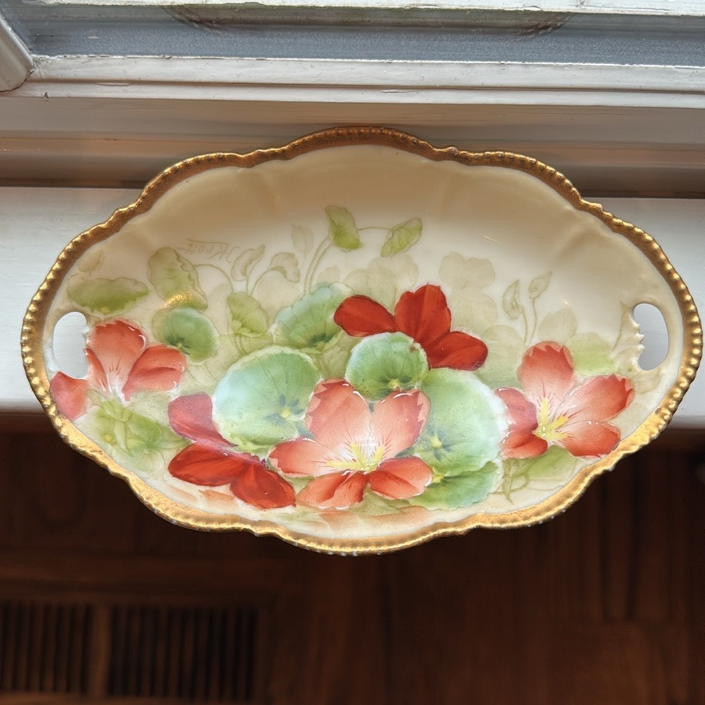 Bavaria Handpainted Oval Bowl Size 6”x4” Green/Orange/Coral